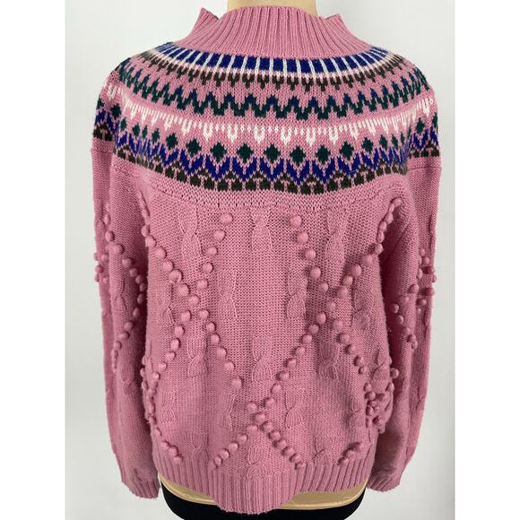Vintage Cabin Creek Size Medium Fair Isle Crew Neck Sweater Pom Pom Sweater - Picture 4 of 16